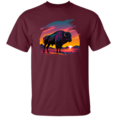 A Bison In Front Of The Sunset, Neon Style, Smooth Lines, Best Of Cow Unisex T-Shirt