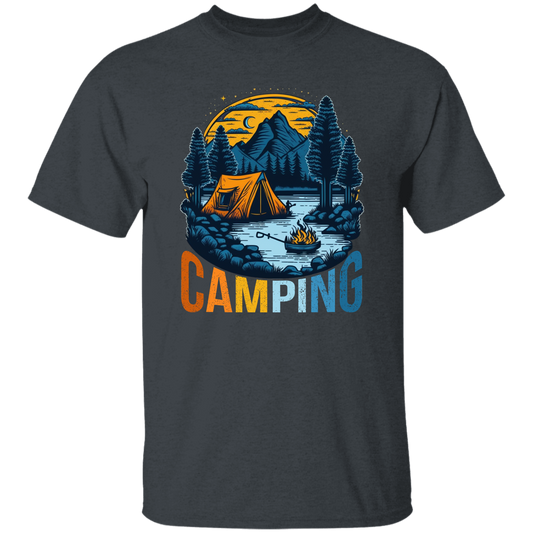 Camping In A Forest, Camping On Lake With Mountain, Retro Style Unisex T-Shirt