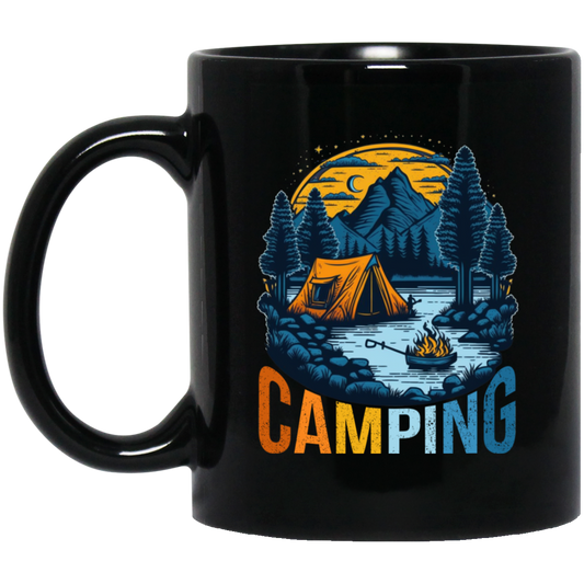 Camping In A Forest, Camping On Lake With Mountain, Retro Style Black Mug