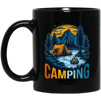 Camping In A Forest, Camping On Lake With Mountain, Retro Style Black Mug