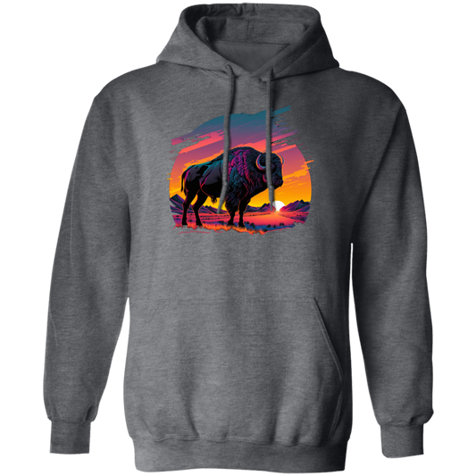 A Bison In Front Of The Sunset, Neon Style, Smooth Lines, Best Of Cow Pullover Hoodie