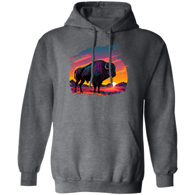 A Bison In Front Of The Sunset, Neon Style, Smooth Lines, Best Of Cow Pullover Hoodie