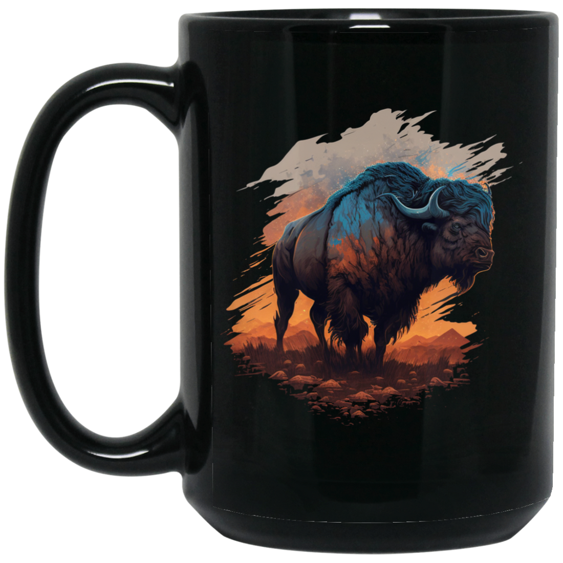 Buffalo Love Gift, Buffalo On A Field, Vintage Style, Cool Buffalo Black Mug