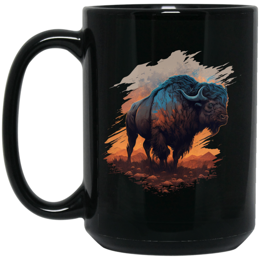 Buffalo Love Gift, Buffalo On A Field, Vintage Style, Cool Buffalo Black Mug