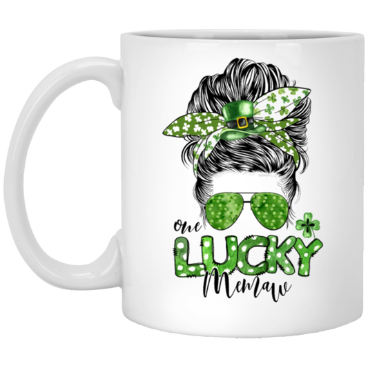 Messy Bun Hair Lover, One Lucky Memaw Matching Family St Patrick White Mug