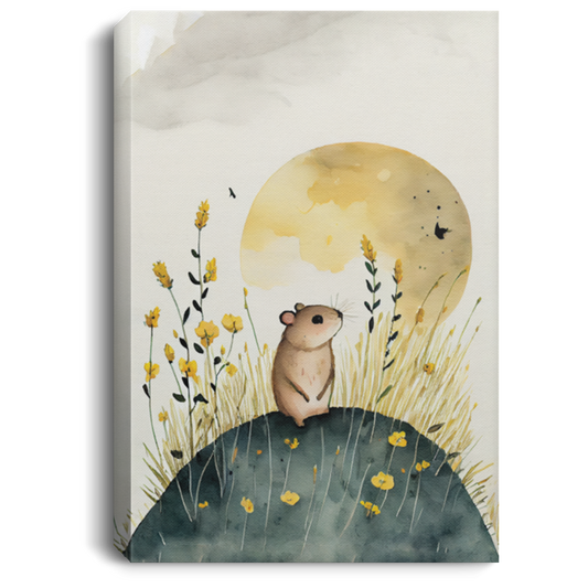 Cute Mouse In Golden Field With Nice Sky, Watercolor Art Style