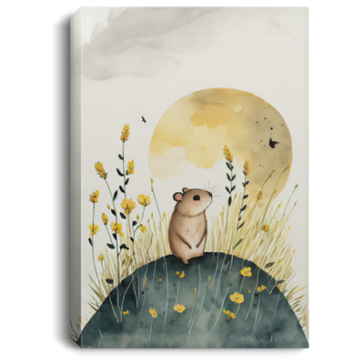 Cute Mouse In Golden Field With Nice Sky, Watercolor Art Style