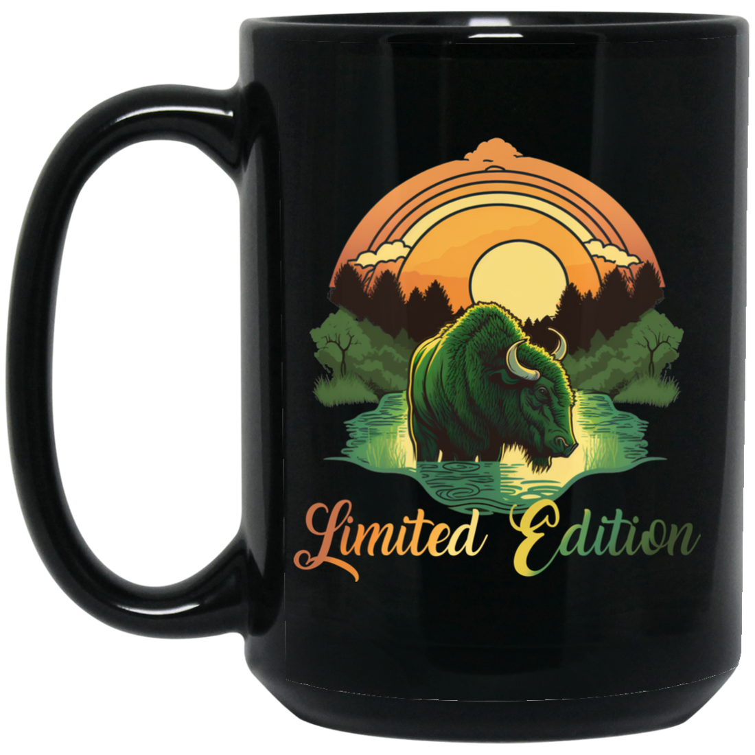 Green Bison With A River, Sunset And Treeline, Love Cow, Cow In Sunset Black Mug