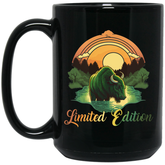 Green Bison With A River, Sunset And Treeline, Love Cow, Cow In Sunset Black Mug