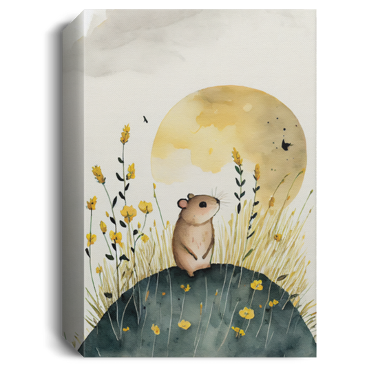 Cute Mouse In Golden Field With Nice Sky, Watercolor Art Style