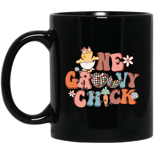 Love Chicken Gift, One Groovy Chick, Retro Chicken, Easter Gift Love Black Mug