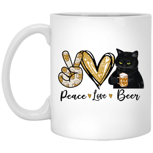 Peace Love Beer Black Cat, Funny Gift White Mug