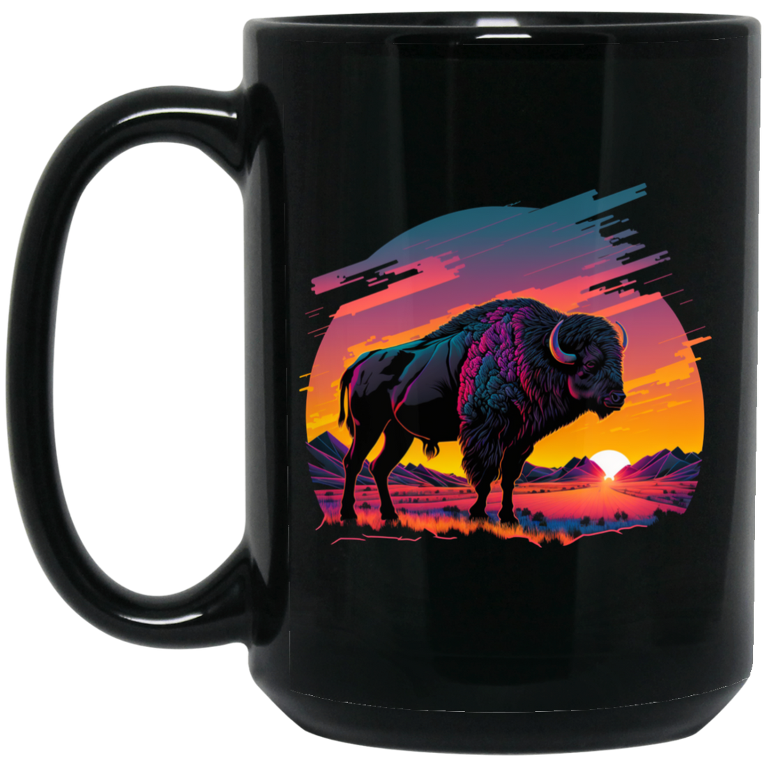 A Bison In Front Of The Sunset, Neon Style, Smooth Lines, Best Of Cow Black Mug