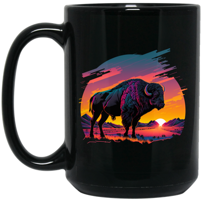 A Bison In Front Of The Sunset, Neon Style, Smooth Lines, Best Of Cow Black Mug