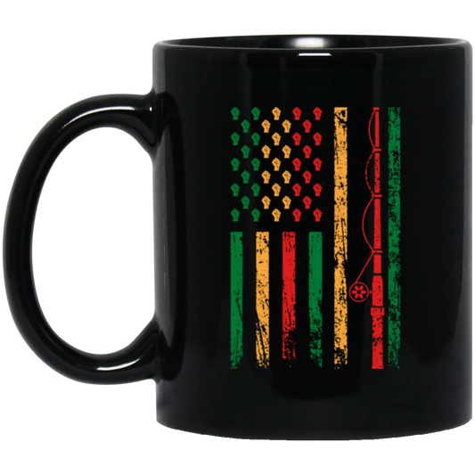 Fishing Rod, American Flag, Black Juneteenth, American Sport, Black History Black Mug