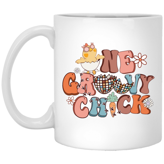 Love Chicken Gift, One Groovy Chick, Retro Chicken, Easter Gift Love White Mug