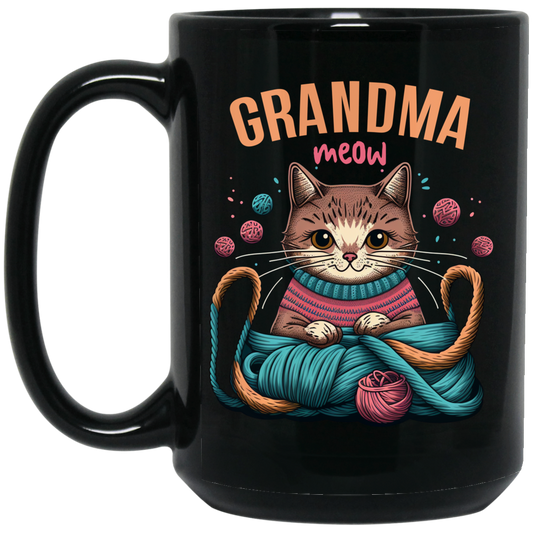 Knitting Grandma, Grandmeow, Love Cat, Love Knit, Gift For Grandma Black Mug