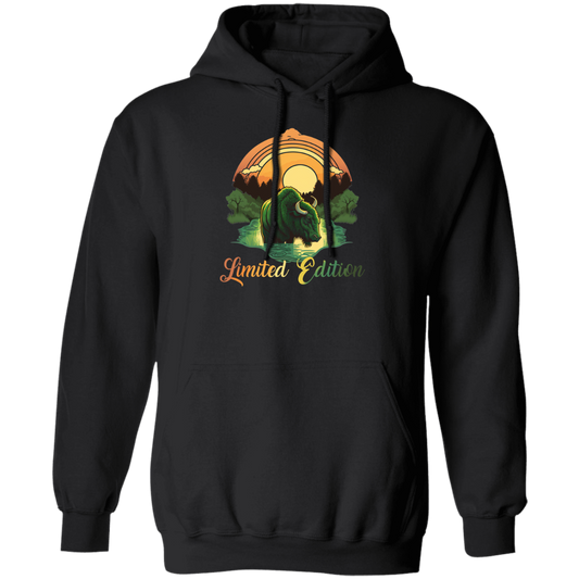 Green Bison With A River, Sunset And Treeline, Love Cow, Cow In Sunset Pullover Hoodie