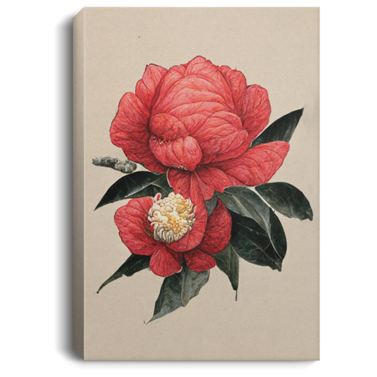 Elegant Camellia Flowers, Red Camellia Retro Watercolor Style