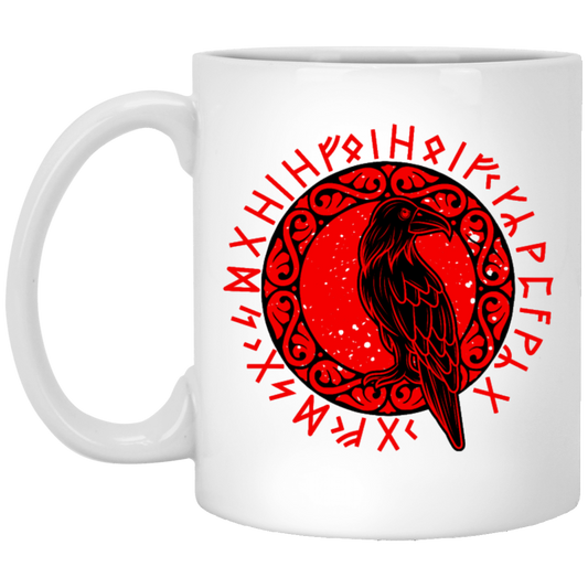 Odin Gift, Raven Vikings, Runes, Huginn Muninn Myth, Black Bird White Mug