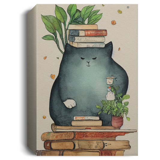 A Giant Cozy Cat With Books And House Plants And Jars And Mushroom, Anime Cat, Read Book, Bookworm