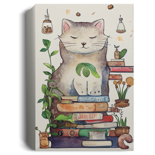 Giant Cozy Cat With Books And House Plants And Jars And Mushroom, Anime Watercolor Style, Bookworm Gift