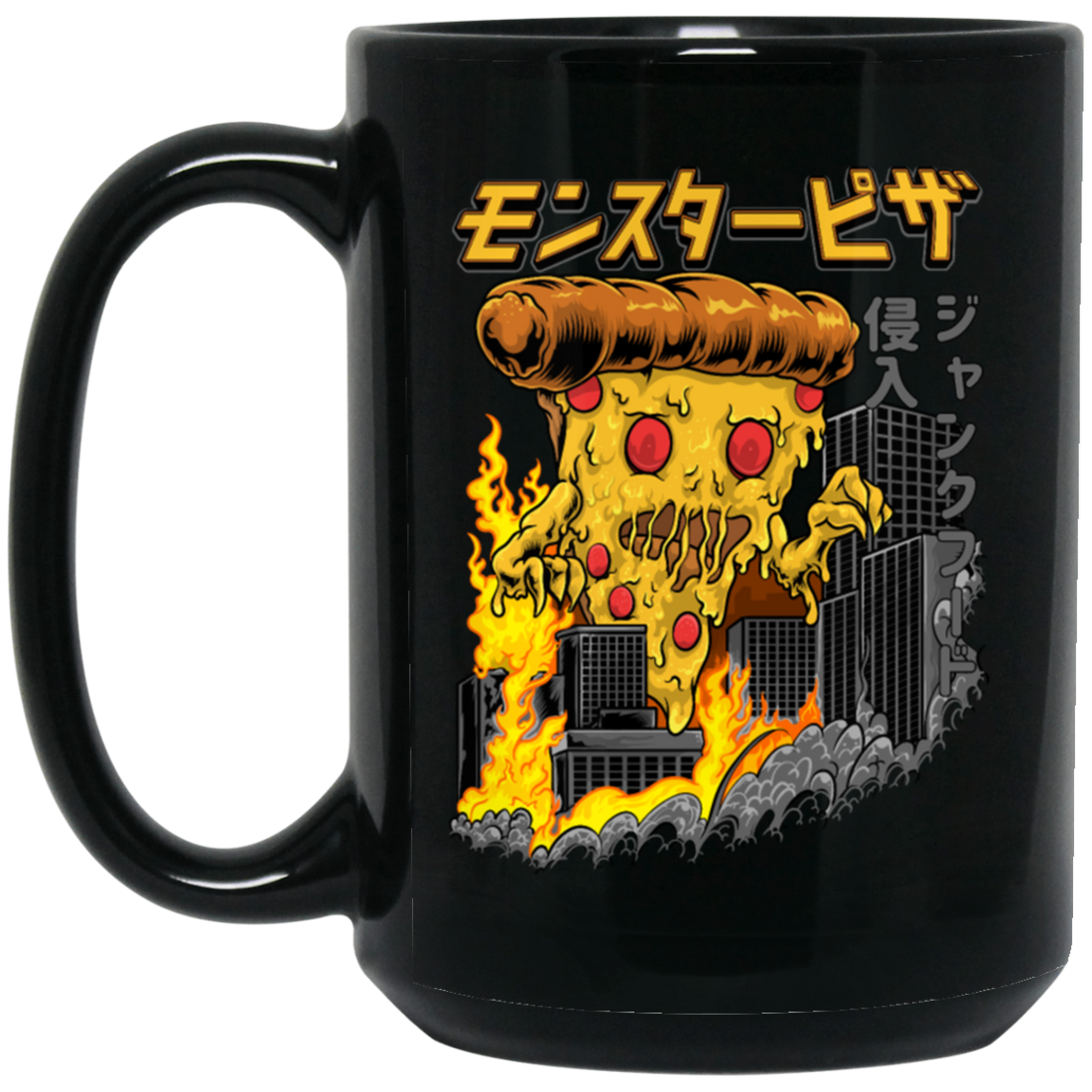 Love Pizza, Monster Pizza, Monster In City, Pizza Destroy City, Japanese Style Black Mug