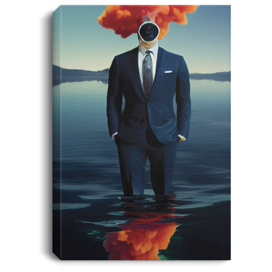 Gentleman In Suit, Floating In Deep Blue Peaceful Lagoon, Smoke Coming From His Head And Nostrils