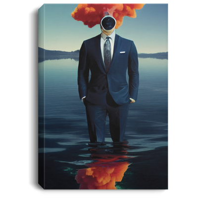 Gentleman In Suit, Floating In Deep Blue Peaceful Lagoon, Smoke Coming From His Head And Nostrils