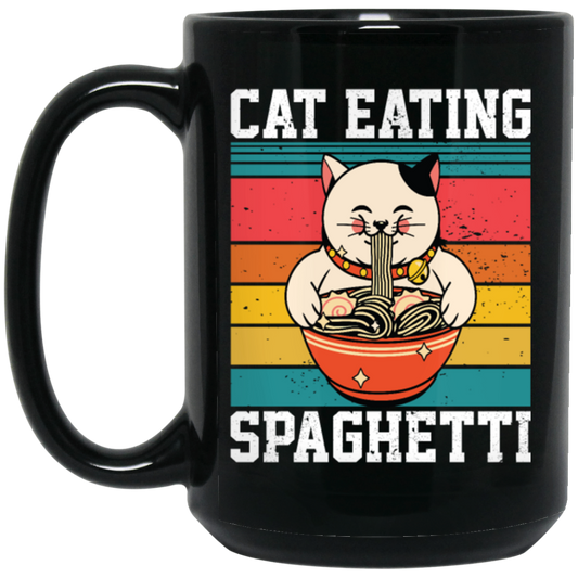 Retro Cat Lover, Cat Eating Spaghetti, Japanese Spaghetti, Love Ramen Black Mug