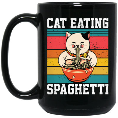 Retro Cat Lover, Cat Eating Spaghetti, Japanese Spaghetti, Love Ramen Black Mug