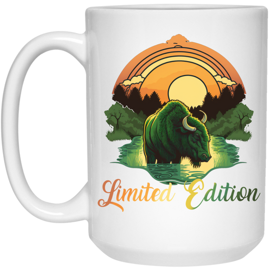 Green Bison With A River, Sunset And Treeline, Love Cow, Cow In Sunset White Mug