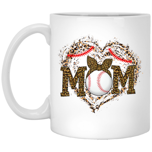 Funny Baseball Mom, Leopard Heart Mom, Ball Sport Lover Gift, Leopard Baseball White Mug