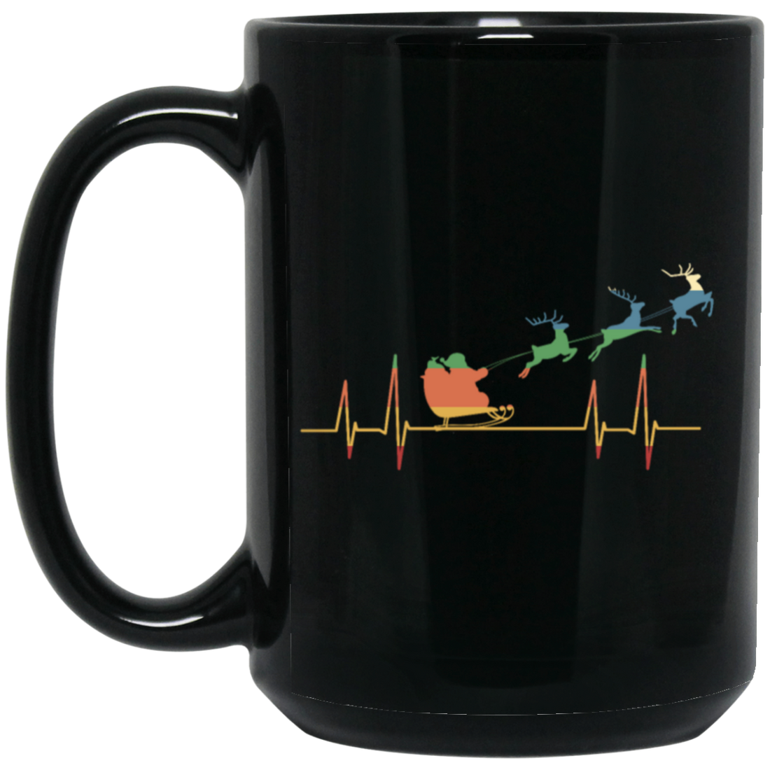 Retro Heartbeat Santa With Deers Black Mug