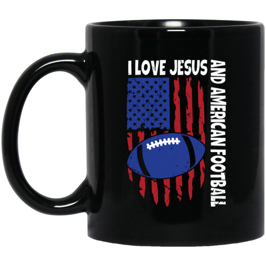 American Flag Gift, I Love Jesus And American Football, Rugby Lover Black Mug