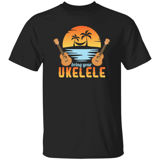 Funny Ukulele Beside The Beach And Palm Tree Hawaiian Musician Unisex T-Shirt