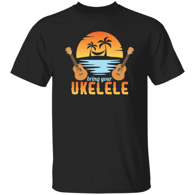 Funny Ukulele Beside The Beach And Palm Tree Hawaiian Musician Unisex T-Shirt