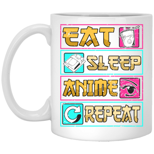 Funny Anime Eat Sleep Repeat Saying, Anime Fan White Mug