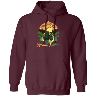 Green Bison With A River, Sunset And Treeline, Love Cow, Cow In Sunset Pullover Hoodie