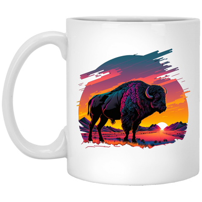 A Bison In Front Of The Sunset, Neon Style, Smooth Lines, Best Of Cow White Mug