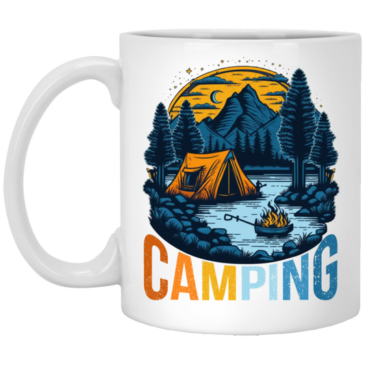 Camping In A Forest, Camping On Lake With Mountain, Retro Style White Mug