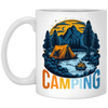 Camping In A Forest, Camping On Lake With Mountain, Retro Style White Mug