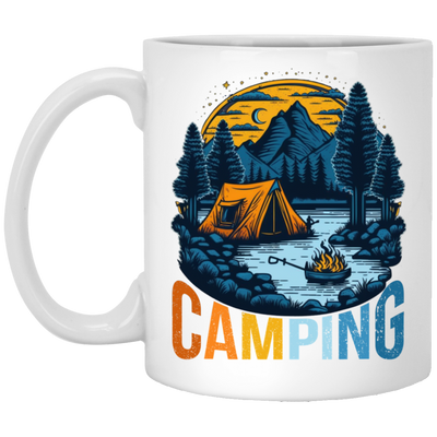 Camping In A Forest, Camping On Lake With Mountain, Retro Style White Mug