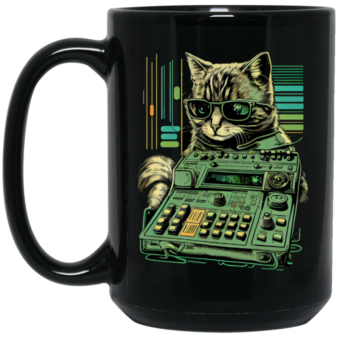 Cat Lover, Cool Cat, Cat Synthesizer, Analogue Synth Vintage Studio Gear Black Mug