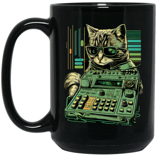 Cat Lover, Cool Cat, Cat Synthesizer, Analogue Synth Vintage Studio Gear Black Mug