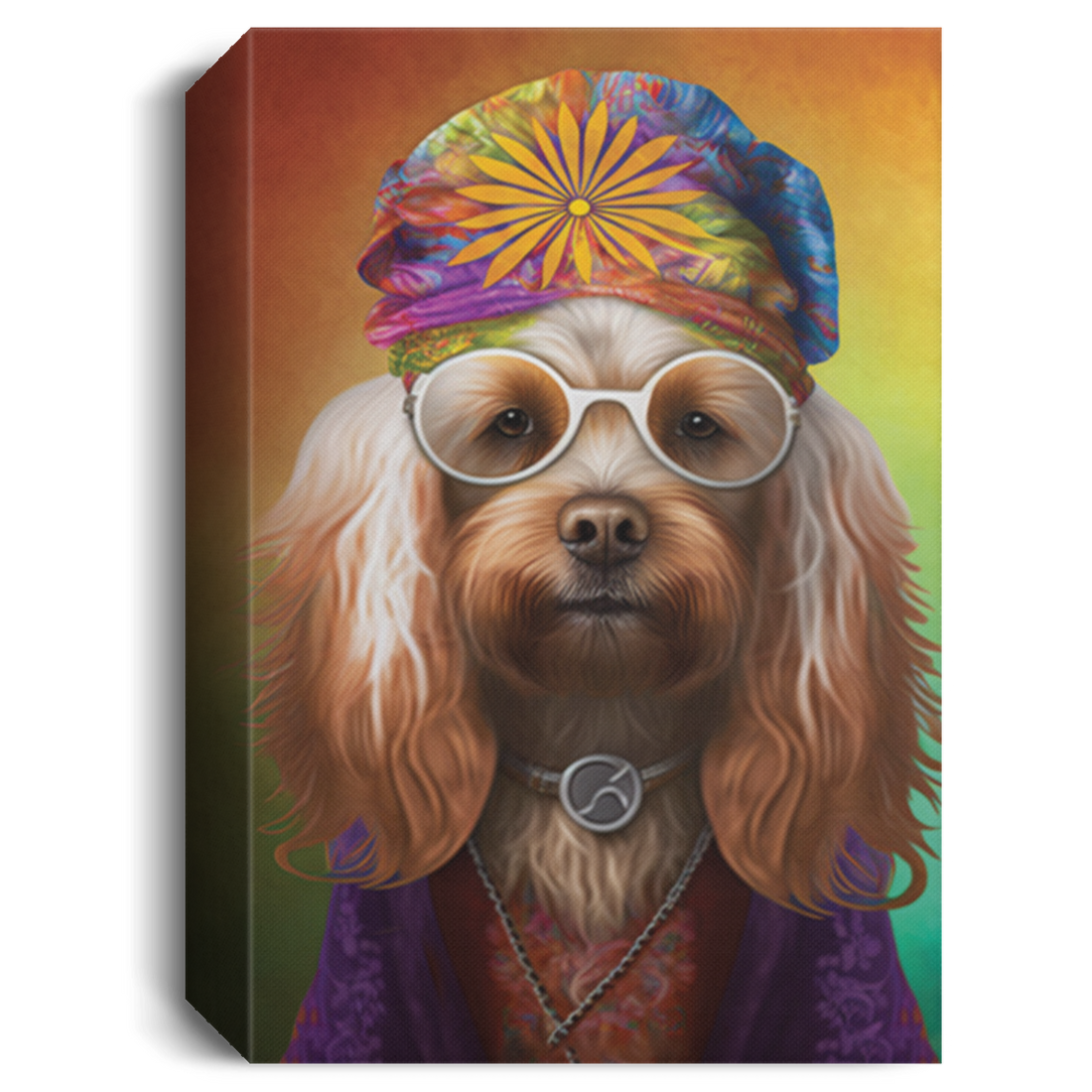 Dog Dressed As A Hippie, The Dogs Hippie With Strange Necklace, Yorkshire Wear The Circle Glasses