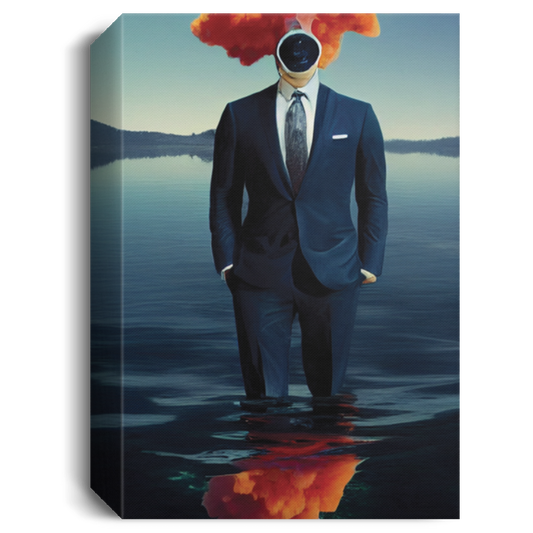 Gentleman In Suit, Floating In Deep Blue Peaceful Lagoon, Smoke Coming From His Head And Nostrils