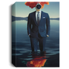 Gentleman In Suit, Floating In Deep Blue Peaceful Lagoon, Smoke Coming From His Head And Nostrils