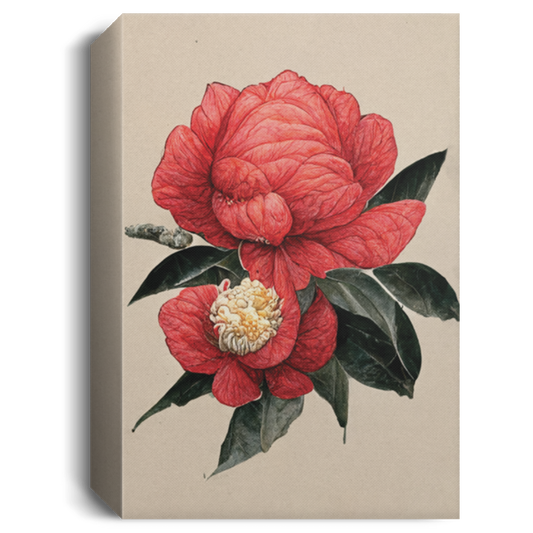 Elegant Camellia Flowers, Red Camellia Retro Watercolor Style