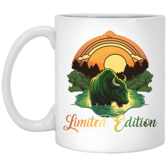 Green Bison With A River, Sunset And Treeline, Love Cow, Cow In Sunset White Mug